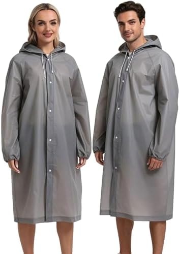 Borogo Rain Coats for Adults, 2 Pack Reusable EVA Rain Ponchos Emergency for Camping Hiking Travelling Grey