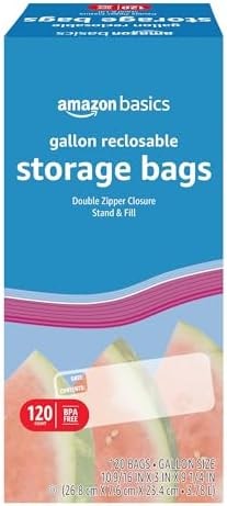Amazon Basics Reclosable Gallon Food Storage Bags with Double Zipper Seal, Stand and Fill Base, BPA Free, 120 Count