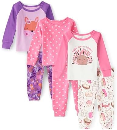 The Children's Place Baby Girls And Toddler Long Sleeve Top Pants Snug Fit 100% Cotton 4 Piece Pajama Set, Critter 3 Pack, 6-9 Months US