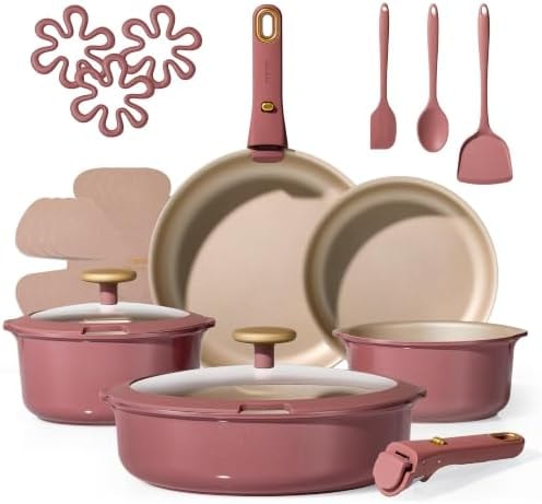 CAROTE Pots and Pans Set, Nonstick Cookware Sets with Detachable Handle, Oven Safe, Cookware Non Stick Cooking Set w/Frying Pans & Saucepans Red(PFOS, PFOA Free)