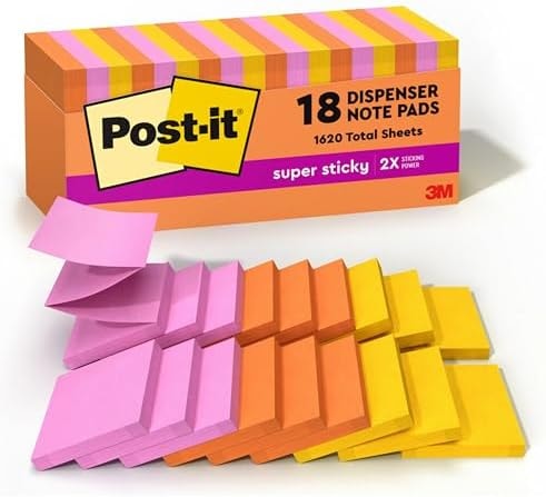 Post-it Super Sticky Dispenser Notes, 3 x 3 in, Neon Fizz, 18 Pads