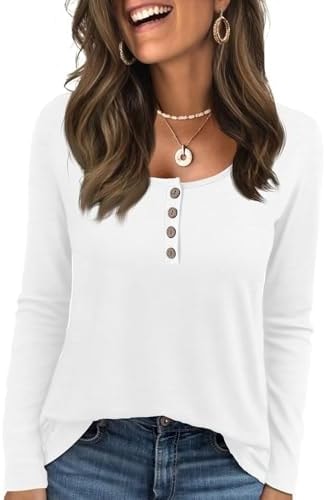 KILISU Womens Long Sleeve Top Henley Neck Button Casual T Shirts White