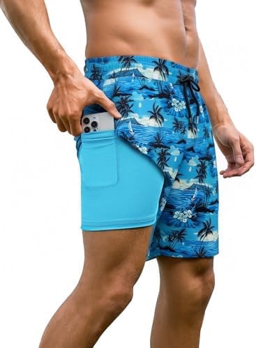 Arolina Mens Swimwear Swim Trunks Compression Liner 7 Inch Board Shorts Bathing Suits Zipper Pockets Blue Palm Large