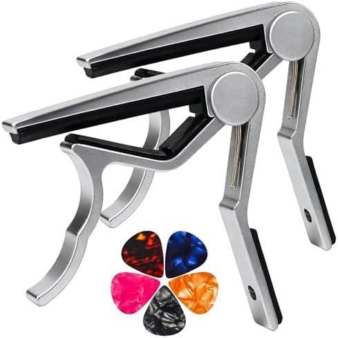 Guitar Capo for Acoustic Electric Guitars, 2PC Capo Guitar Clamp Kapo with 5 Picks, Unique Design for Bass Guitar Ukulele, Silver