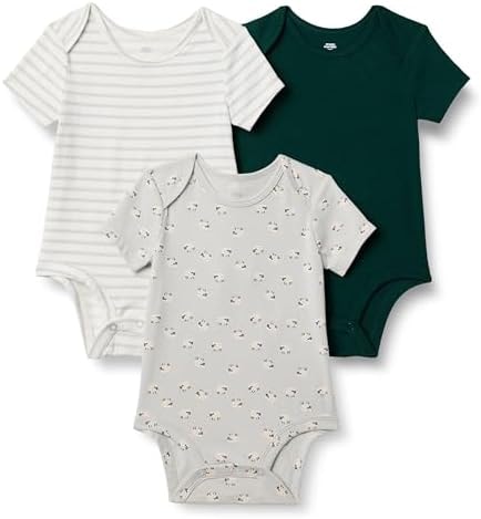 Amazon Essentials x Sofia Grainge Unisex Babies' Short Sleeve Crewneck Bodysuit, Pack of 3, Dark Green/Sheep/Stripe, 0-3 Months