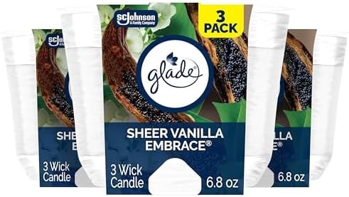 Glade Sheer Vanilla Embrace, Fragrance Candle Infused with Essential Oils, Air Freshener, 3-Wick Candle, 6.8 Oz, 3 Count