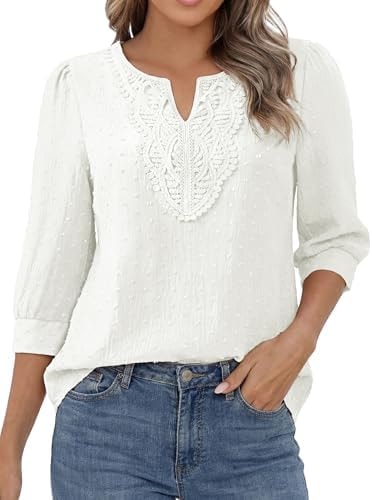 Funlingo 3/4 Length Sleeve Womens Tops Boho V Neck Lace Shirts Spring Trendy Swiss Dot Blouses Dressy Casual Vacation Clothes White 3XL