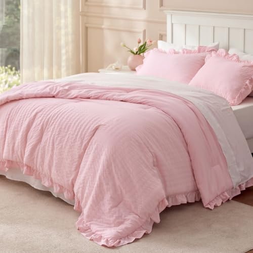 Bedsure Ruffle Bedding Set Queen,Comforter Set Pink Cotton-Like 3 Pieces