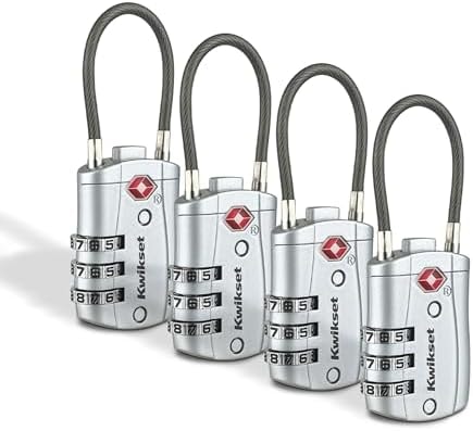 Kwikset TSA Approved Combination Luggage Lock with Cable, 4-Pack, Silver