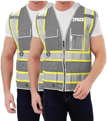 SRsafety High Visibility 9 pockets Reflective Safety Vest,Hi Vis Reflective Construction Work Vest for Men Women ANSI/ISEA 2PACK(grey-2, L)