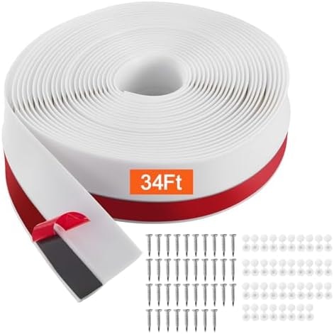 VEVOR Garage Door Seal Top and Sides Seal Strip, 34 FT Universal Weather Stripping Replacement Soft and Hard Composite, Weatherproofing Garage Door TPE Seals with Adhesive Backed and Screws, White