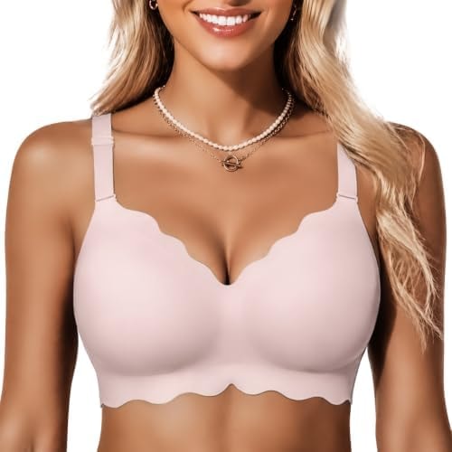 COCOMARTS Jelly Bras for Women No Underwire Scalloped Push Up Wireless Bralettes Seamless Soft Comfort Everyday Tshirt Bra Pink XX-Large
