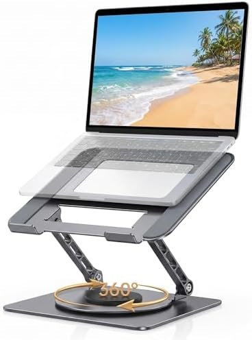 HYWINT Aluminum Laptop Stand for Desk, Heavy Duty Computer Stand with 360° Rotating Base, Ergonomic Adjustable Height Notebook Riser, Compatible with MacBook Pro/Air, Dell, HP, 10-17” Laptops - Grey