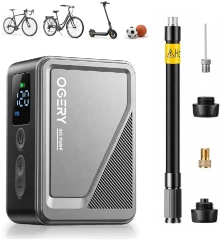 OGERY Mini Bike Pump, 18s Fast Inflate Bicycle Pump with Gauge & Auto Stop, 0.3lbs Portable Electric Bike Tire Pump for Presta & Schrader Valve, Bike Air Pump for Road Bike, Mountain Bike, E-Bike
