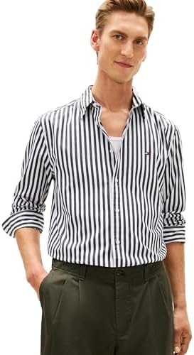 Tommy Hilfiger Mens Long Sleeve Poplin Shirts in Regular Fit, Men's Button Down Shirts, Also Available in Big and Tall Black/Stripe XX-Large