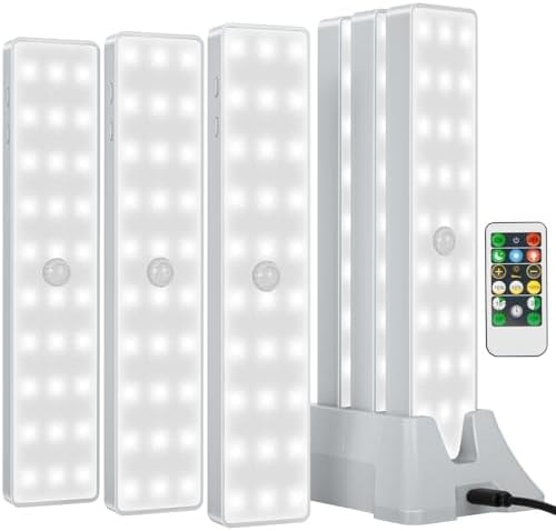 Racokky Under Cabinet Lights with Charging Station, 6 Pcs Rechargeable Motion Sensor Closet Lighting, Dimmable RV Step Lights Stick-Anywhere LED Night Bar for Kitchen, Wardrobe, Stairs (White)