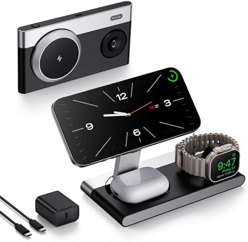 3 in 1 Magnetic Wireless Charging Station for Apple Devices,Foldable Wireless Charger Stand for Magsafe iPhone 17 Air 16/15/14/13/12,Apple Watch,AirPod,Wireless Charger Dock with Night Light