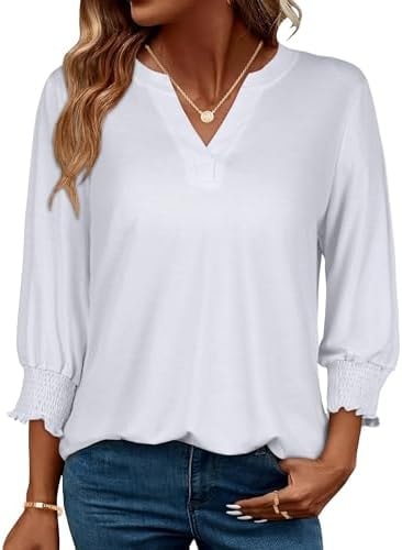 3/4 Length Sleeve Womens Tops Business Casual Blouses V Neck T Shirts with Puff Sleeve 2026, White Color, S