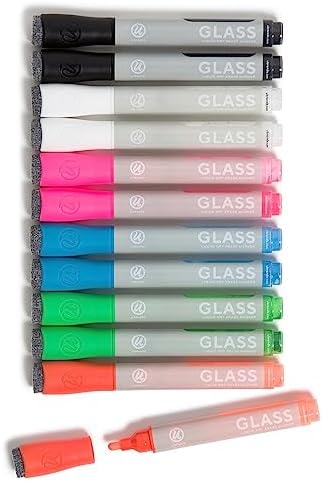 U Brands Bold Tip Liquid Glass Whiteboard Markers with Eraser for Glass Boards, Dry Erase Boards, and Chalk Boards, Assorted Bright Colors, Set of 12