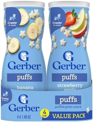 Gerber Baby Snacks Puffs Variety Pack, Banana & Strawberry Apple, 1.48 Ounce - 2 count of four packs, Package may vary, 1.48 Ounce (Pack of 8)