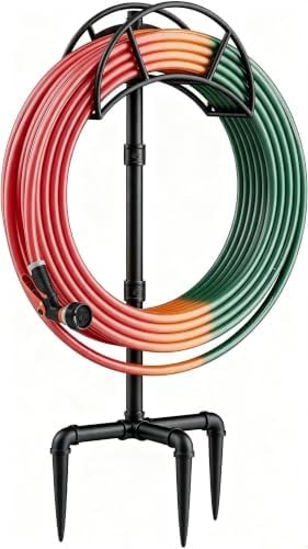 LAND·VOI Freestanding Garden Water Hose Storage Holder Stand for Outside, 160-Ft Hose Heavy Duty Metal Hanger Reel Organizer Outdoor Yard Lawn, Standing Keeper Rack with Ground Stake, Black GHH01B