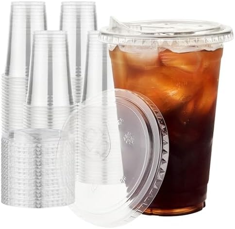 VPACKDUO Plastic Cups with Lids 16 oz 100 pack, Clear Disposable Iced Coffee Cups with Strawless Sip Lids, Drink Cup for Cold Drinks, Iced Coffee