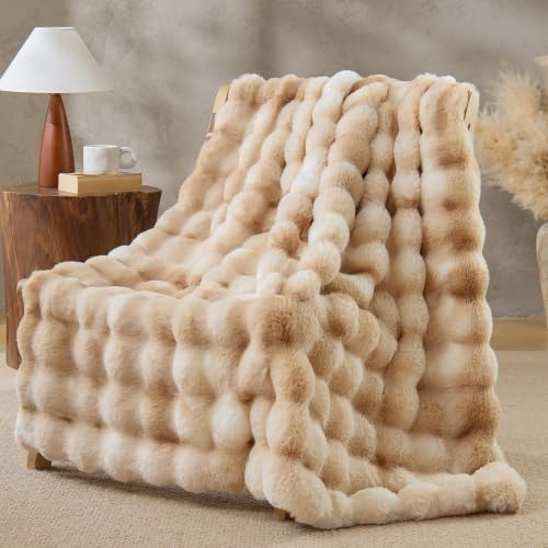 BEDELITE Faux Fur Throw for Couch, Bubble Blanket, 50" x 60", Tie-Dye Khaki