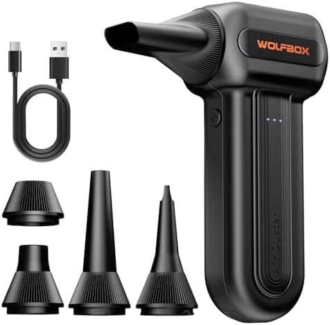 WOLFBOX MF60&MF70 Compressed Air Duster-110000RPM Super Power Electric Air Duster, 3-Speed Adjustable Rechargeable Cordless Air Blower with Fast Charging for PC Keyboard Cleaning, Car, Home (Black)