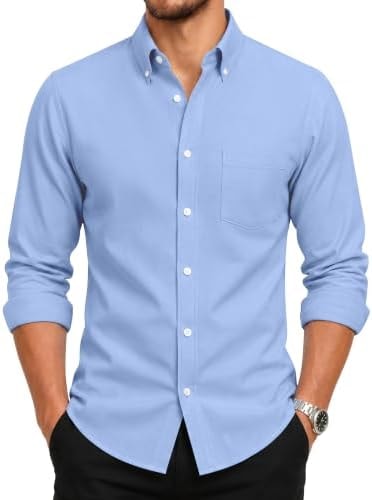 GIANZEN Light Baby Blue Shirt Men Dress Button Down Shirts for Mens Up Long Sleeve Big and Tall Oxford Collared Clothes Light Blue Size M
