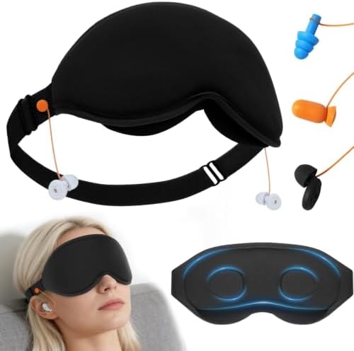 3D Contoured Sleep Mask with Earplug Retainer Cord,100% Pressure-Free & Total Light Blocking Eye Mask with Adjustable Strap. Ideal for Sleep Earplug User, Airplane Travel, Meditation