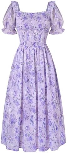 Scarlet Darkness Floral Dress for Women Summer Puff Sleeve Square Neck A Line Flowy Wedding Guest Tea Party Dresses Misty Lilac M
