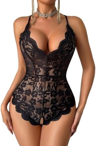 ADOME Sexy Lingerie for Women Classic Lace Teddy Backless One Piece Lingerie Bodysuit(Black, S)