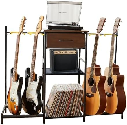 Pearington 3-Tier Multi Guitar Floor Stand with Amp Stand and Cloth Drawer, Space-Saving Floor Guitar Rack for 4 Acoustic, Electric, or Bass Guitars and Ukeleles
