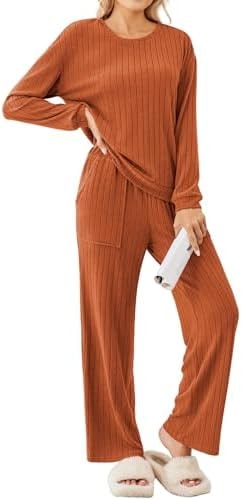 Ekouaer Lounge Sets Ribbed Knit Pajama Sets Soft Loungewear Caramel L