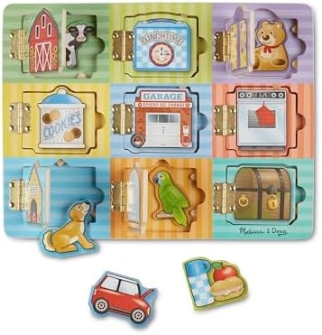 Melissa & Doug Wooden Hide & Seek Activity Board – Montessori Busy Board with Hinges, Doors & 9 Wooden Magnetic Puzzles, Educational Preschool Learning Toy for Toddlers & Kids Ages 3+