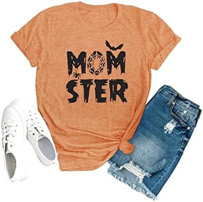 Momster T Shirt Women Funny Halloween Spider Bat Graphic Tee Casual Mom Ster Letter Print Short Sleeve Tops(Orange, Medium)