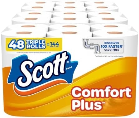 Scott ComfortPlus Toilet Paper, 48 Triple Rolls, 231 Sheets per Roll, Septic-Safe, 1-Ply Toilet Tissue