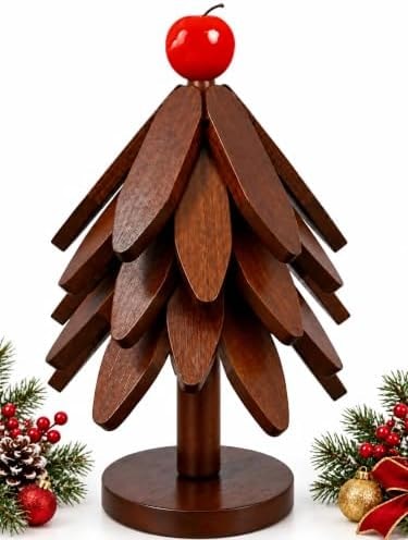 Christmas Tree Coasters Set of 5 with Stand Wooden Trivets for Hot Dishes, Foldable Heat-Resistant Trivet Set for Hot Pots, Pans, Kitchen Table Countertop Protector, Christmas Kitchen Home Decor Gift