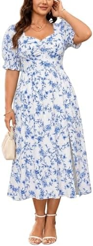 Plus Size Floral Summer Dress for Women Sweetheart Neck Ruched Bust Flowy A-Line Midi Dress for Wedding Guest Vacation