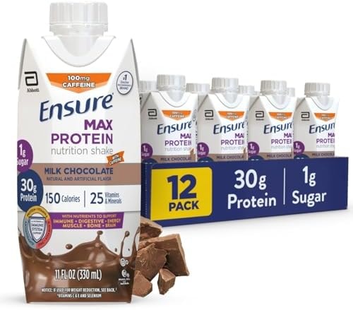 Ensure Max Protein Shake | Milk Chocolate with Caffeine | Ready to Drink | 30g Protein for Muscle Health | 1g Sugar, 4g Fiber | 11 fl oz, 12 Pack