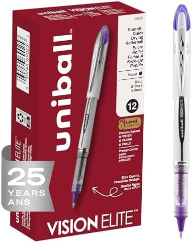uniball Vision Elite Rollerball Pens, Bold Point (0.8mm), Violet, 12 Pack