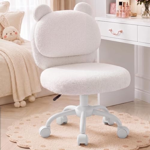 HUANUO Vanity Chair with Wheels, Cute Fluffy Desk Chair for Bedroom, White