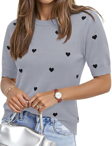 Aprolive Grey Sweater Women Short Sleeve Knit Heart Sweater 2026 Spring Summer Lightweight Dressy Casual Cute Tops(7-Black Heart-Grey,Medium)
