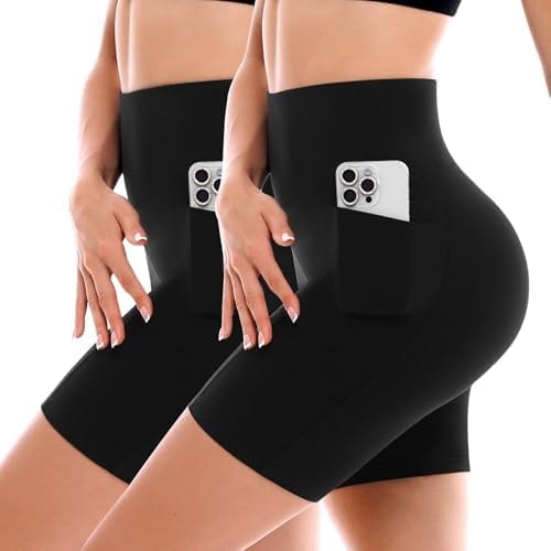 SINOPHANT 2 Pack Biker Shorts for Women with Pockets High Waisted Black LXL