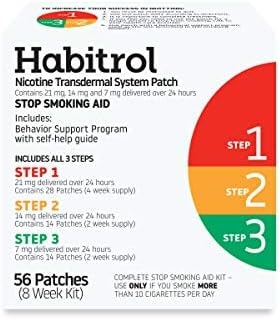 Habitrol Nicotine Transdermal System Patch | Stop Smoking Aid | Steps 1, 2, and 3 (21, 14, and 7 mg) | 56 Patches (8 Week Kit)