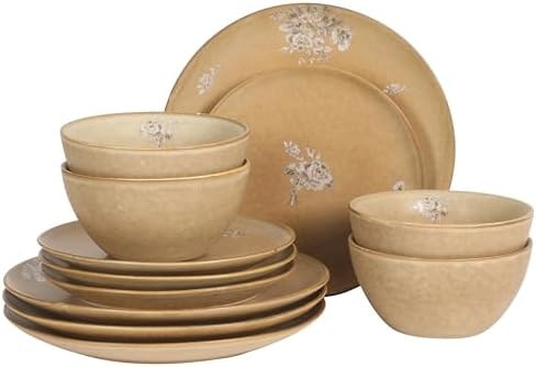 Gibson Elite Valencia Bloom 12 Piece Plates and Bowls Dinnerware Set - Taupe with Floral Decal Dishes - Microwave and Dishwasher Safe