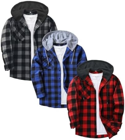 ZITY 3 Pack Men's Flannel Hoodie Shirts Long Sleeve Button Down Plaid Shirt
