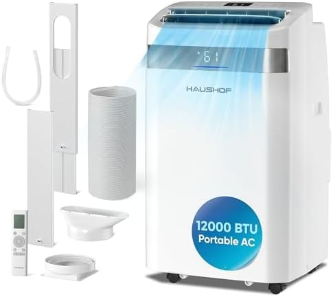 HAUSHOF 12000 BTU Portable Air Conditioners, Portable AC with Cool, Fan, Dry & Sleep Mode, AC Unit Portable with 35°-70° Auto Swing, Remote Control,24H Timer, Window Kit & Exhaust Hose Sleeve Included
