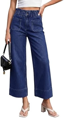luvamia High Waisted Cropped Jeans for Women Wide Leg Patch Pocket Paper Bag Waist Stretchy Wide Leg Jeans Women High Waisted Denim Pants Darkness Blue Medium US Size 8-10
