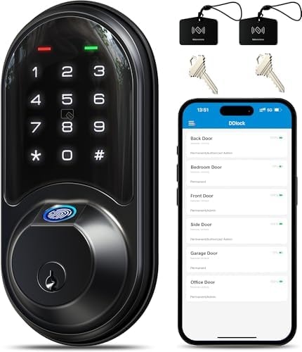Veise RZ07 Fingerprint Smart Door Lock Deadbolt, App Control, Matte Black